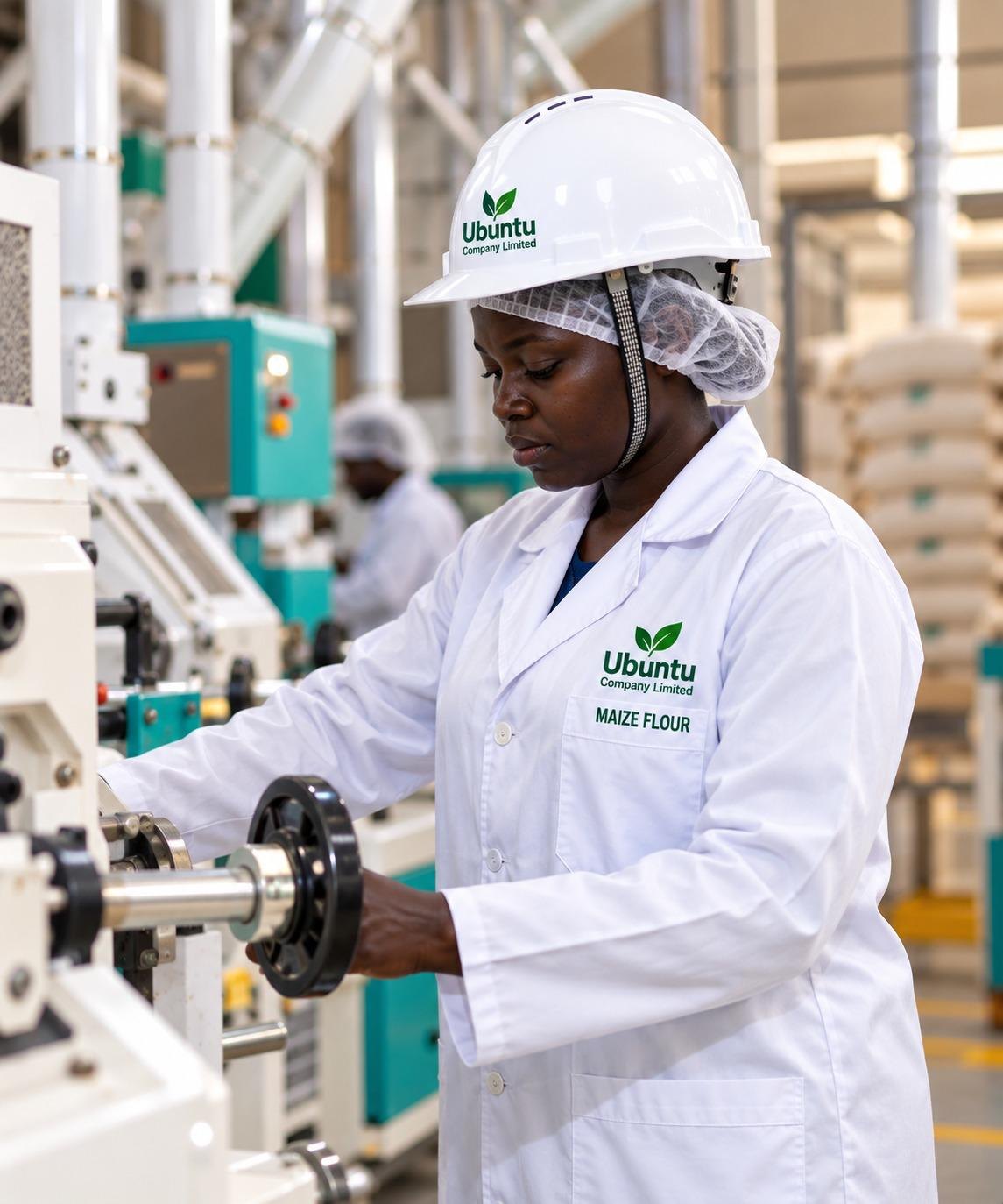 Ubuntu mill operator adjusting maize flour milling machinery