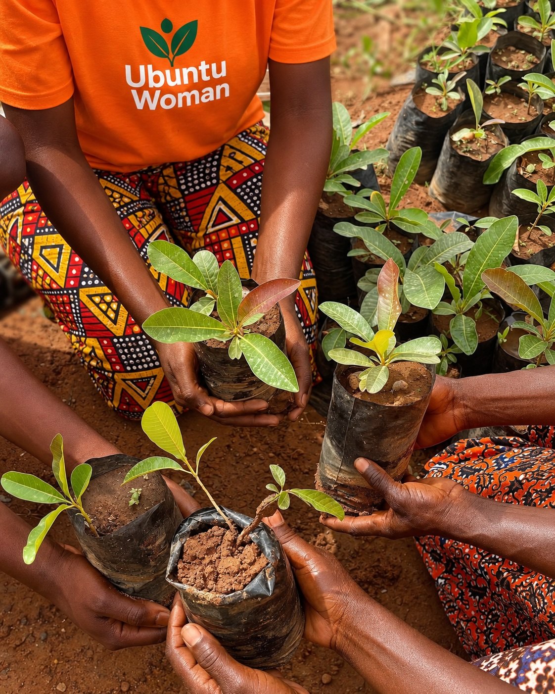 Ubuntu Woman collectors holding shea seedlings ready for planting