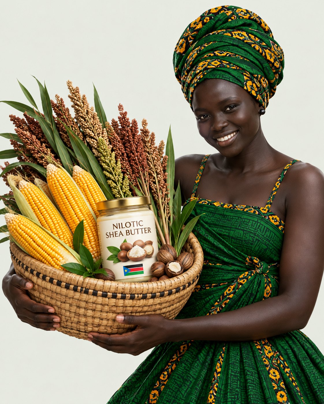 Smiling woman holding a basket of maize, sorghum and Nilotic shea butter